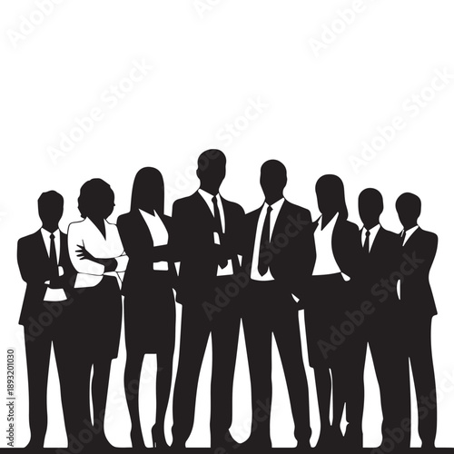Business people , silhouettes, group of standing business men and businesswomen	
