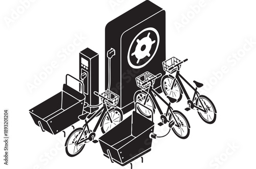 Isometric illustration of cargo bikes and charging station.