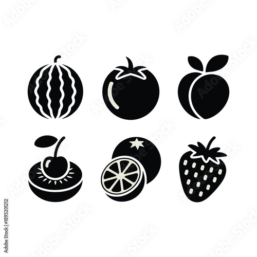 Black and white of various fruits including melon apple pear cherry donut orange and strawberry vector illustration isolated on white background.