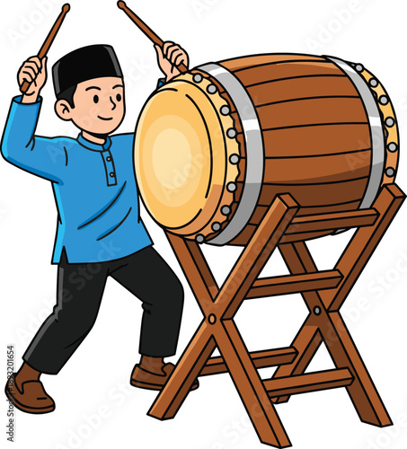 Traditional drum performance illustration featuring young musician playing large wooden barrel drum with sticks, cultural festival music concept isolated on white background