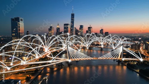 City skyline with illuminated infrastructure network at twilight