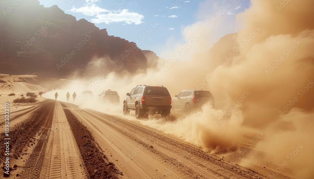 Fototapeta premium Off-road vehicles kicking up dust on a desert road with mountains in the background under a sunny sky.