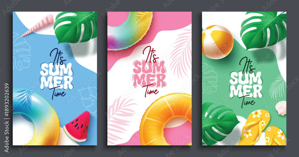 Fototapeta premium Summer Time text clipart poster set. It's Summer Time greeting card clip art with realistic summer elements in colorful abstract background for tropical season banner design collection vector