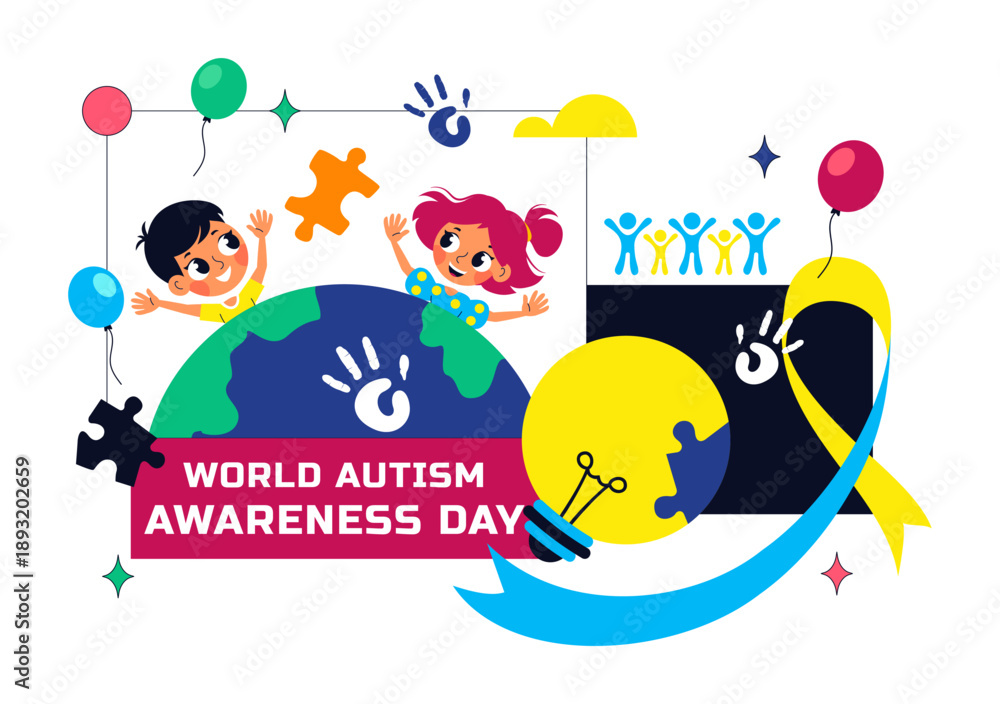 Naklejka premium World Autism Awareness Day Vector Illustration Featuring Puzzle Ribbon on Healthcare Flat Background Design