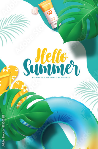 Hello Summer greeting clipart poster. Hello Summer wishing and greeting text clip art with monstera leaves, floater, flipflop and lotion summer elements in tropical beach background seasonal tags 