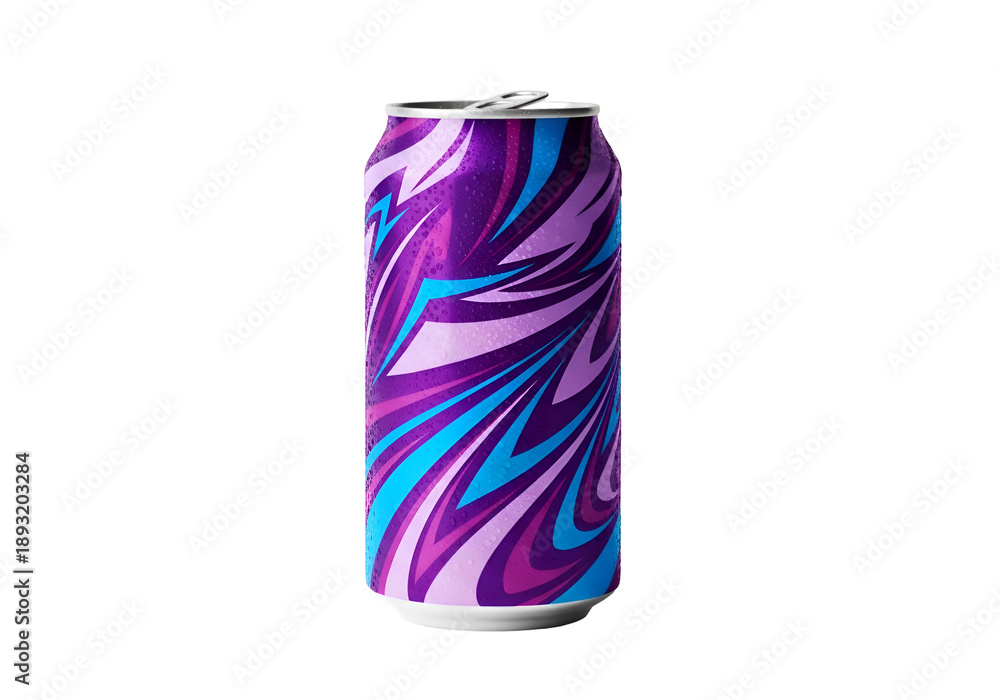 Fototapeta premium Colorful Beverage Can with Abstract Swirls and Droplets , Isolated on Transparent Background 