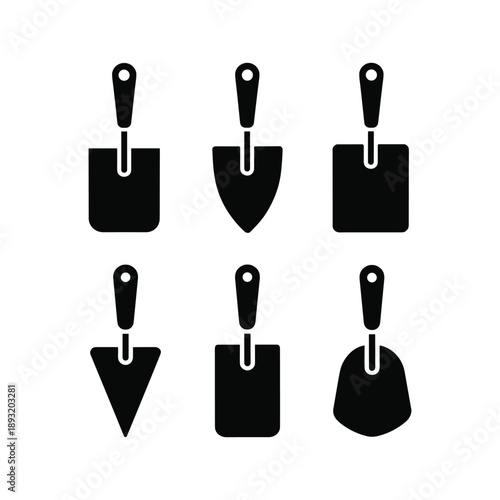 Black silhouettes of six trowels on white background tools vector illustration isolated on white background