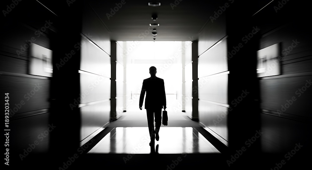 Fototapeta premium Silhouette Businessman Walking in Bright Corridor