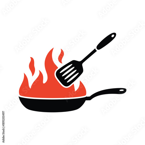 Burning frying pan with spatula on fire burning pan flames red flames vector illustration isolated on white background.