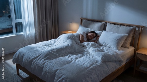A peaceful scene of a person sleeping comfortably in their bed