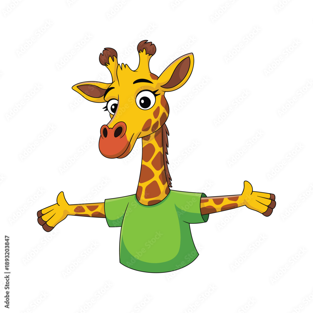 Obraz premium Cartoon giraffe wearing green tshirt with arms outstretched yellow