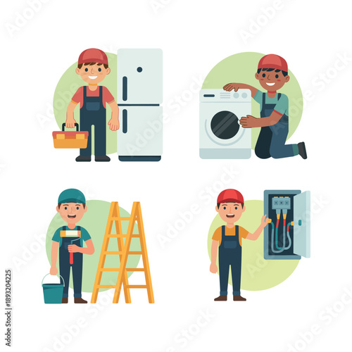 Cartoon workers performing household repairs and maintenance appliances vector illustration isolated on white background