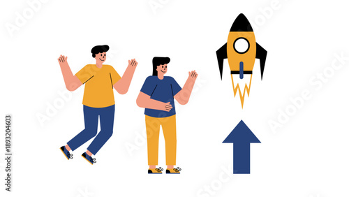 Cheerful team celebrating a rocket launch pointing upwards towards success