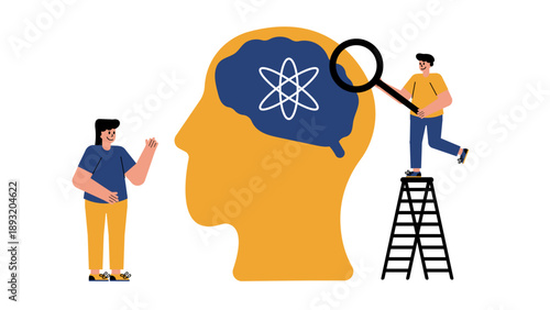 Team examining a giant head silhouette with a brain and atom symbol using a magnifying glass