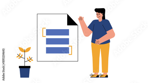 A woman standing next to a large document thinking about her business objectives