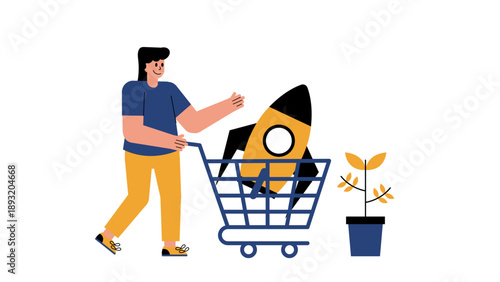 A businessman pushing a shopping cart containing a rocket ship symbolizing a startup launch