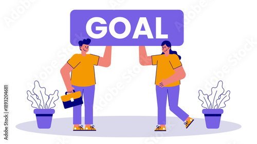 Business partners carrying a large goal sign to represent teamwork and shared objectives