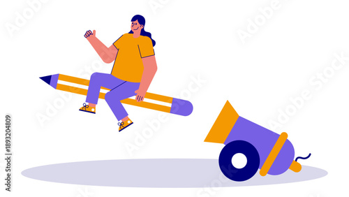 A creative professional sitting on a giant pencil being launched from a cannon into the air