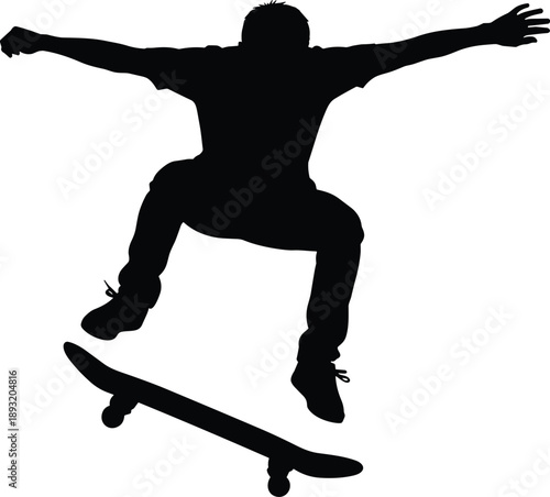 Dynamic skateboarder silhouette performing aerial trick, extreme sports action pose, urban street skateboarding culture, youth lifestyle vector illustration design