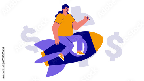 Businesswoman riding a rocket symbolising rapid growth and success