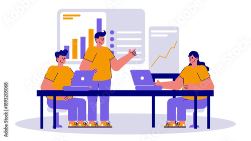 Professional team analyzing data and charts on digital screens