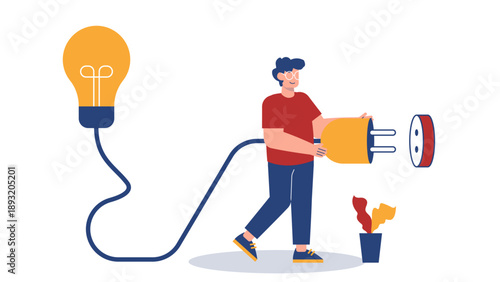 Businessman connecting a plug to power a giant lightbulb representing a business idea activation