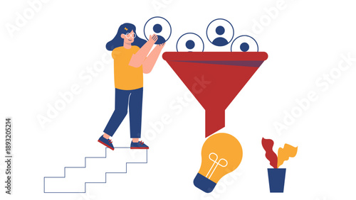 Woman putting employee icons into a funnel that produces a brilliant lightbulb idea