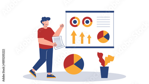 Businessman presenting a board with charts and graphs representing a financial business report