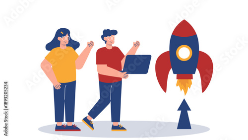 A business team launching a rocket project using a laptop