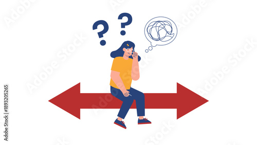 A confused woman sitting on a double sided arrow thinking about direction