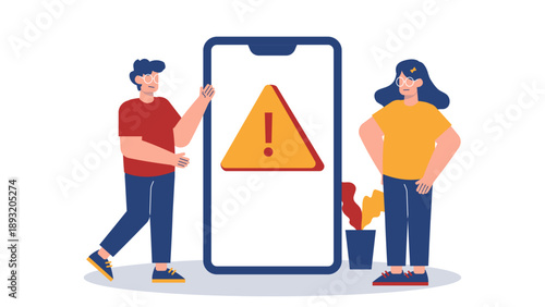 A business team standing next to a large smartphone showing a warning sign