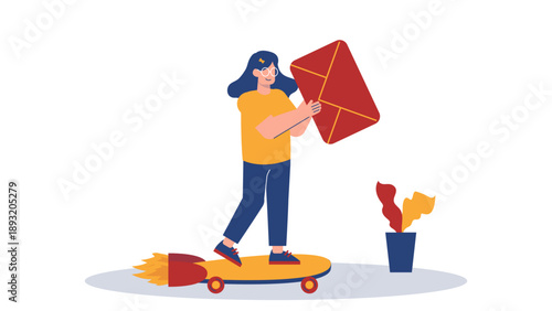 A business woman standing on a rocket powered skateboard holding a large envelope