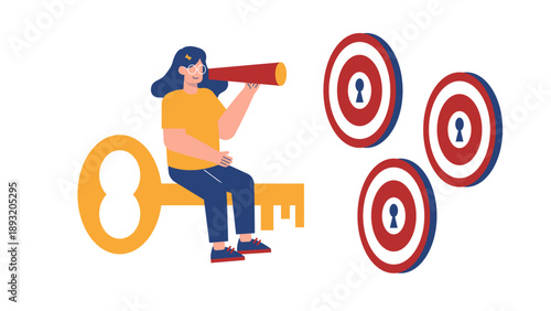 A woman sitting on a giant key looking at targets through a telescope