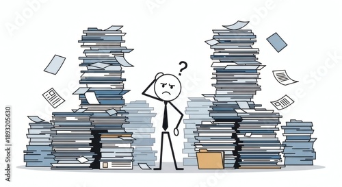Stressed stick figure overwhelmed by mountains of paperwork, struggling with excessive bureaucracy and unmanageable office tasks