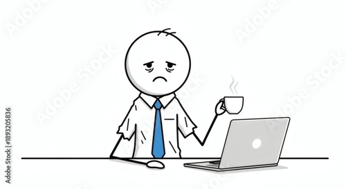 Exhausted office worker holding a coffee cup while staring at a laptop screen with a tired expression