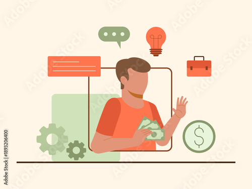 A businessman who has cash uses creative ideas and processes to manage financial assets and achieve business or financial goals. Solopreneur illustration. Flat vector concept.