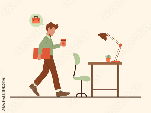 A male worker with a cup of coffee and carrying a laptop walks towards the office desk and chair. Solopreneur illustration. Flat vector concept.