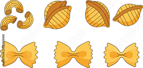 Assorted Italian Pasta Shapes Illustration Set Including Farfalle and Shells
