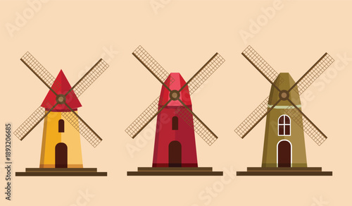 Set of Three Colorful Windmills Vector Illustration Isolated on Beige Background