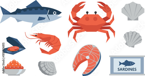 Seafood Collection Illustration Set with Fish, Crab, Shrimp and Salmon Steak