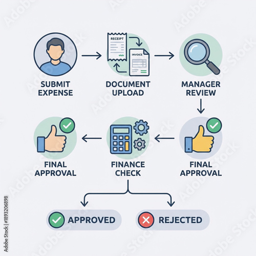 Expense Report Approval Process Flowchart. Financial workflow steps including submission, document upload, manager review, finance check, and final decision.