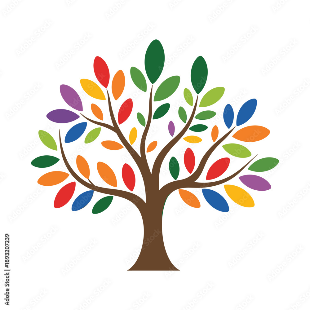 Obraz premium Colorful tree with multicolored leaves on white background, branches, nature concepts