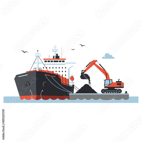 Excavator loading cargo ship with coal at port.