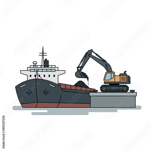 Excavator loading cargo ship with coal at a dockside.