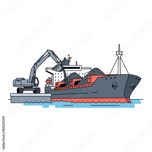 Excavator loading cargo ship with coal at a port industrial scene.