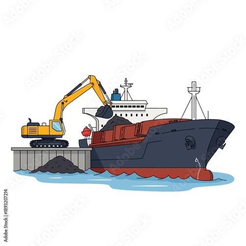 Excavator Loading Coal onto a Cargo Ship at a Dock.
