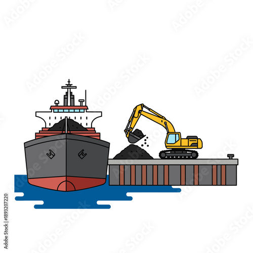 Excavator loading coal onto a cargo ship at a dock.