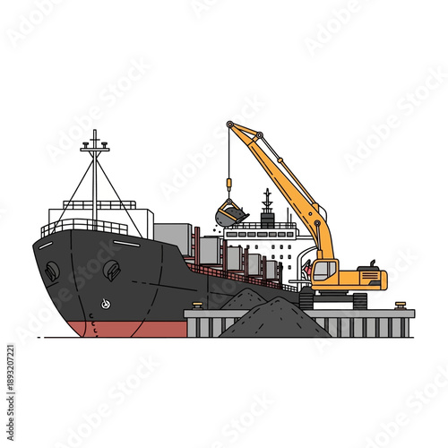 Excavator loading coal onto a cargo ship at a dockside industrial port.