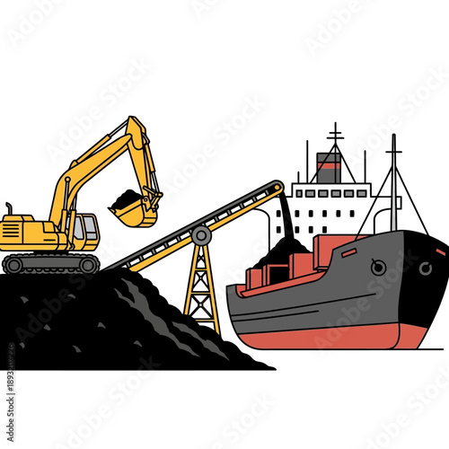Excavator loading coal onto a cargo ship at a port.