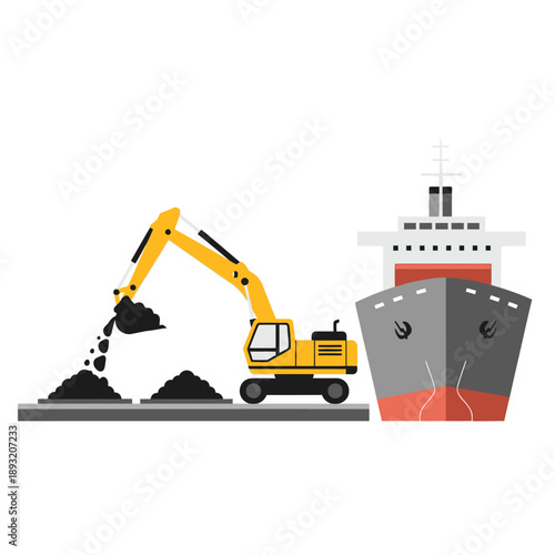 Excavator loading coal onto a cargo ship at a port.
